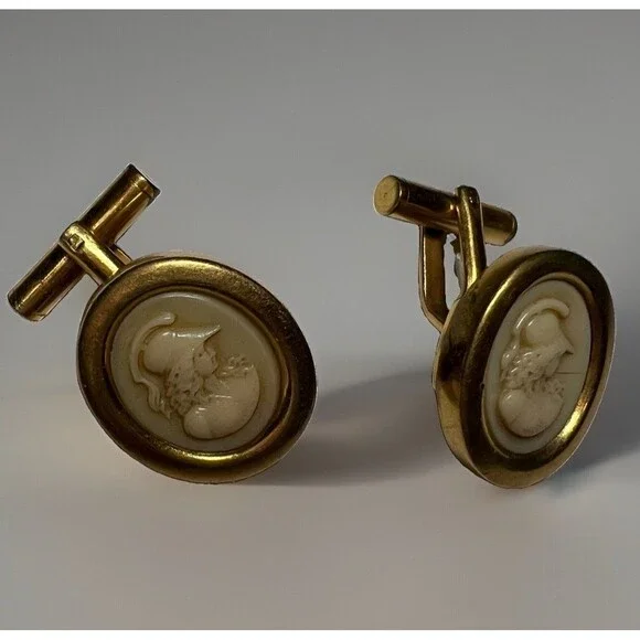 Vintage French Hallmarked Cameo Cufflinks Plaque Mark Warrior Oval