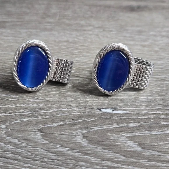 Silver Tone Blue Chatoyant Glass Cufflinks Wrap Around Mesh Toggle Back