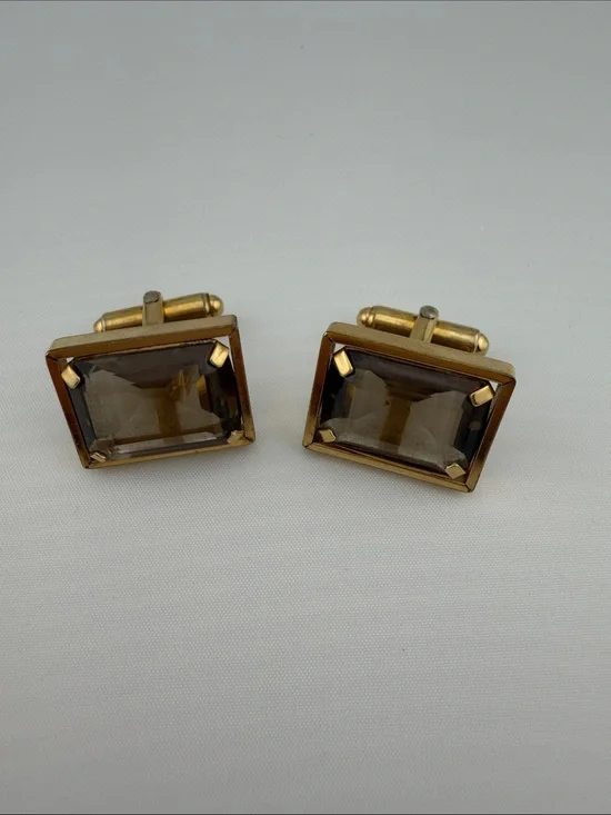 Vintage Gold-Tone Brown Rectangular Stone Cufflinks by Anson