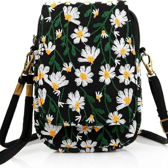 Embroidered Canvas Mini Crossbody Bag for Women Small Wallet Pouch Travel