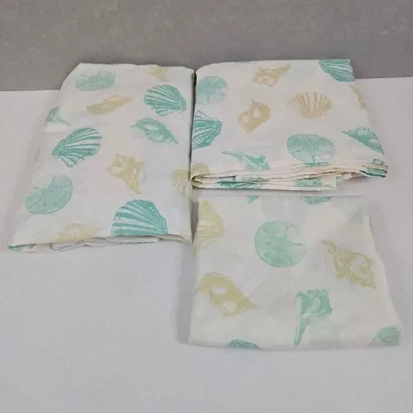 3-pc Twin Size Bed Sheet Set Teal/Sand/White Seashell Pattern