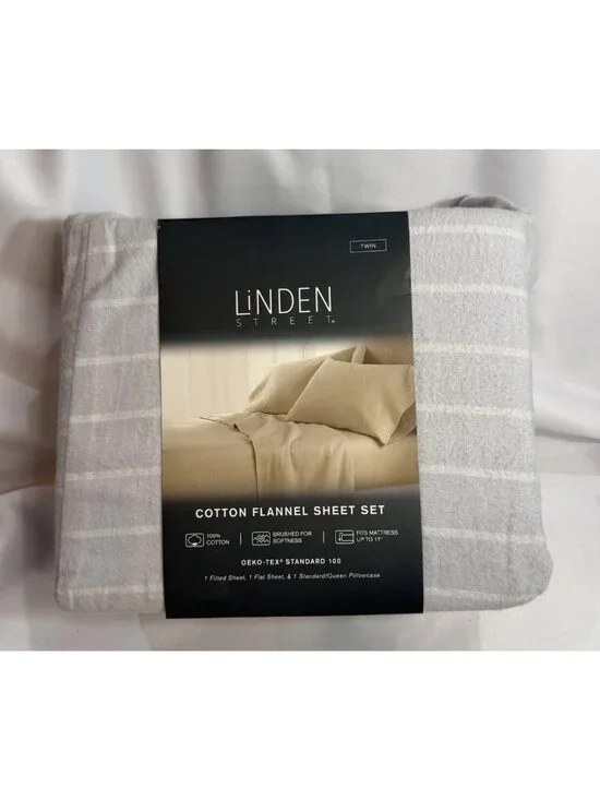 Linden Street Twin Size Flannel Sheet Set Winter Gray Stripe Flat Fitted *T13