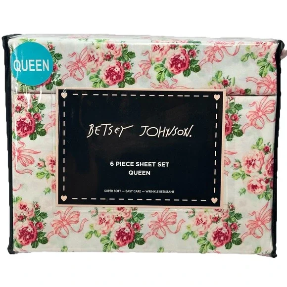 Betsey Johnson Queen Sheet Set Pink Rose Bow Coquette 6 Piece Bedding New‎