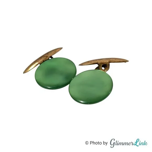 Vintage Green Button Style Cufflinks Gold Tone Mid Century