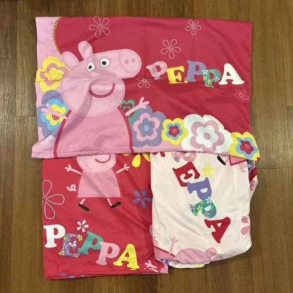Peppa Pig Twin Sheet Set Flat Fitted Pillowcase 3 Pc Pink Kids Bedding EUC