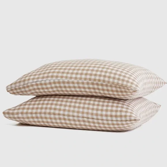 Quince Gingham European Linen Standard Pillowcase Set Cafe Tan White