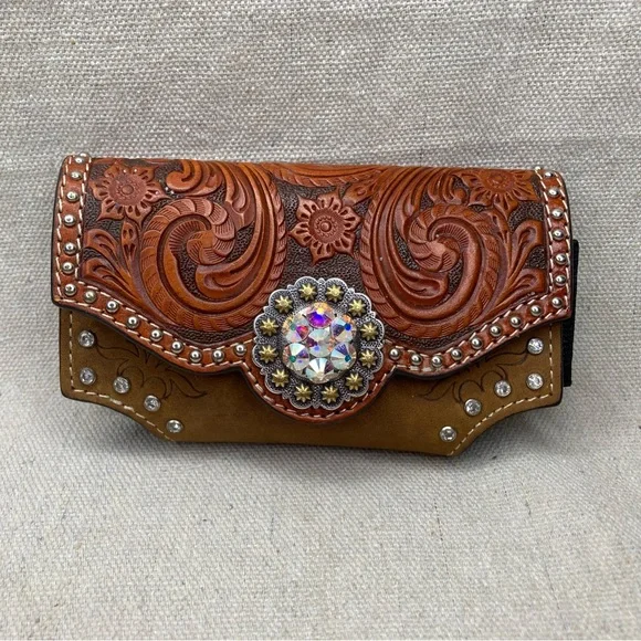 Nocona Tooled Leather Phone Case with Iridescent Concho - Brown & Tan