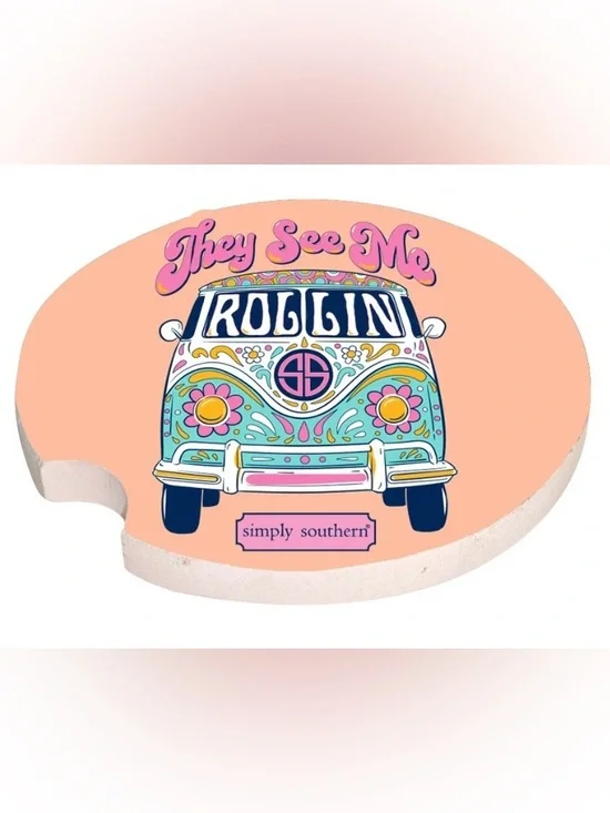Simply Southern Pink Peach Turquoise Retro Floral Van Car Coasters (2-pack)