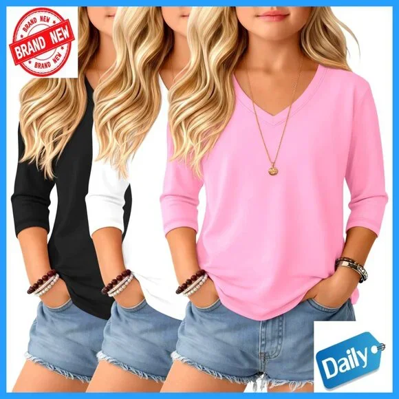 Girls 3-Pack 3/4 Sleeve V-Neck Tees Soft Loose Fit Lightweight Blouses