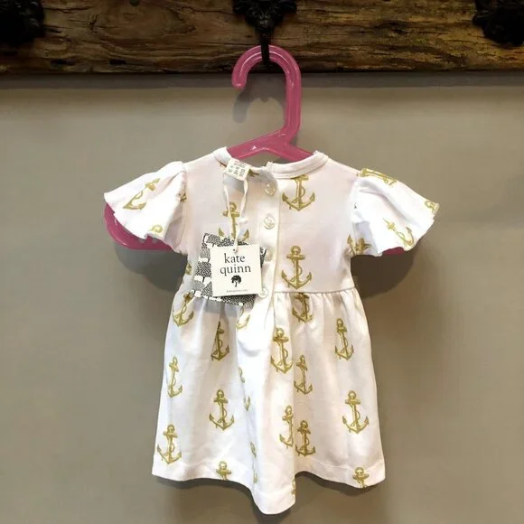 NWT- Kate Quinn Gold Anchor Flutter Sleeve Dress- size 3-6 months‎