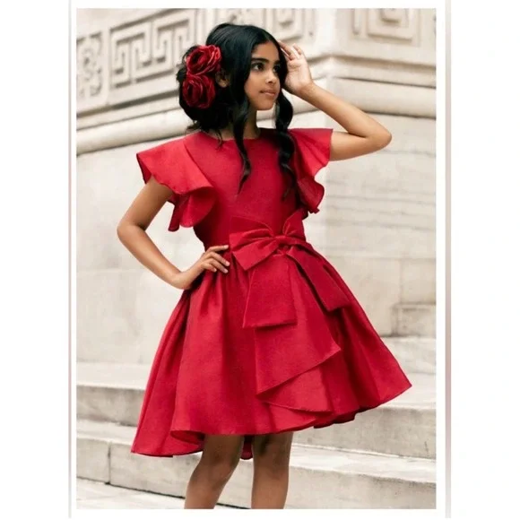 Joyfolie Camryn Dress Scarlet Red Flutter Sleeve Bow Special Occasion Girls 14