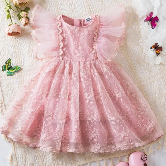 Elegant Girls Lace Tulle Fairy Floral Embroidered Ruffle‎ Trim Rear Zipper Dress