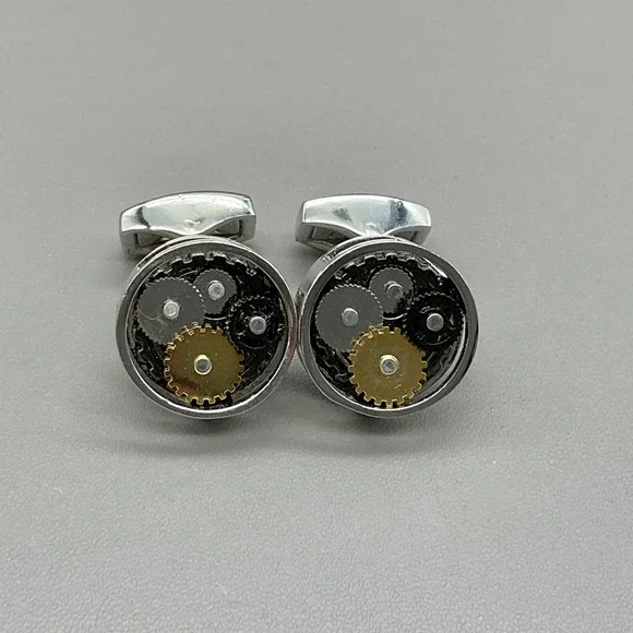 Steampunk Gear Cufflinks Silver Tone Mechanical Watch Movement Style Round