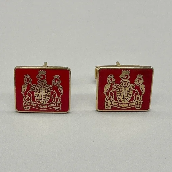 Vintage Coat of Arms Heraldic Crest Red Enamel Gold Tone Cufflinks Shield Mens