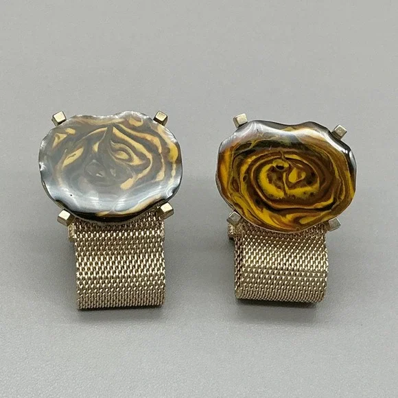 Dante Vintage Mesh Wrap Around Cufflinks Gold Tone Tiger Eye Swirl Mid Century