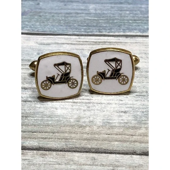 Vintage‎ Enamel  Car Cufflinks Pair Square White Gold tone