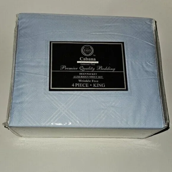 NEW Hotel 5th Ave Cabana Embossed Plaid Blue King Sheet Set Flat Fitted PCx2