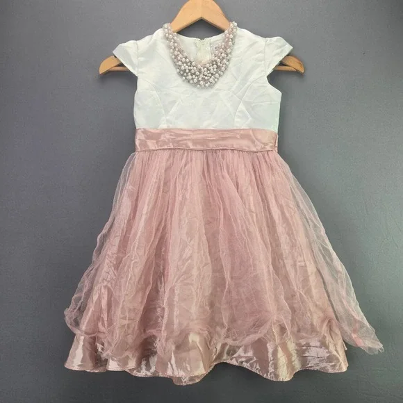 Alexandra of California Girls Dress Formal Pearl Collar Pink Tulle White Sz 8-10