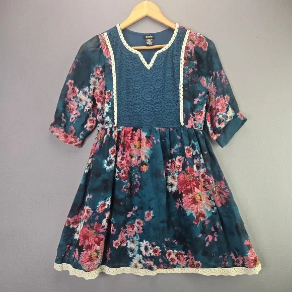 Zunie Girls Floral Dress Size 14 Teal Blue Chiffon Lace Crochet Trim