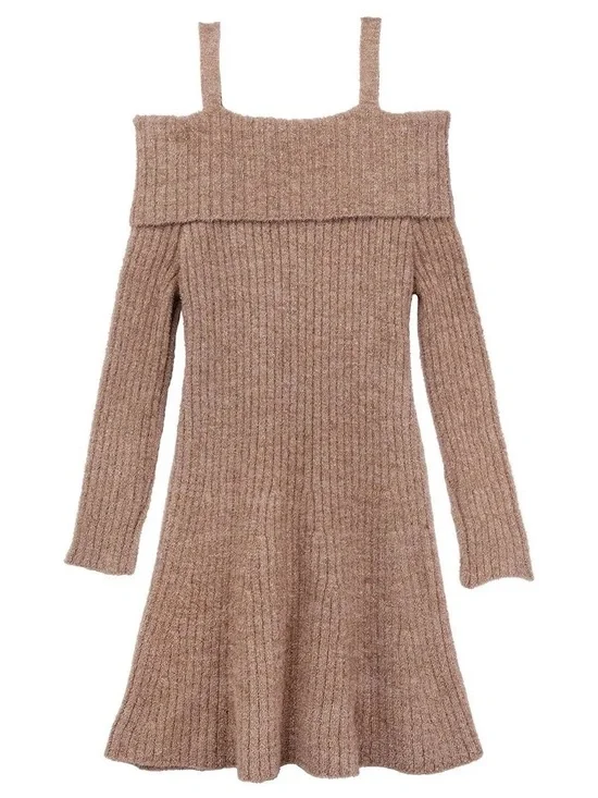 abercrombie kids Ribbed Cold-Shoulder Knit Dress in Taupe