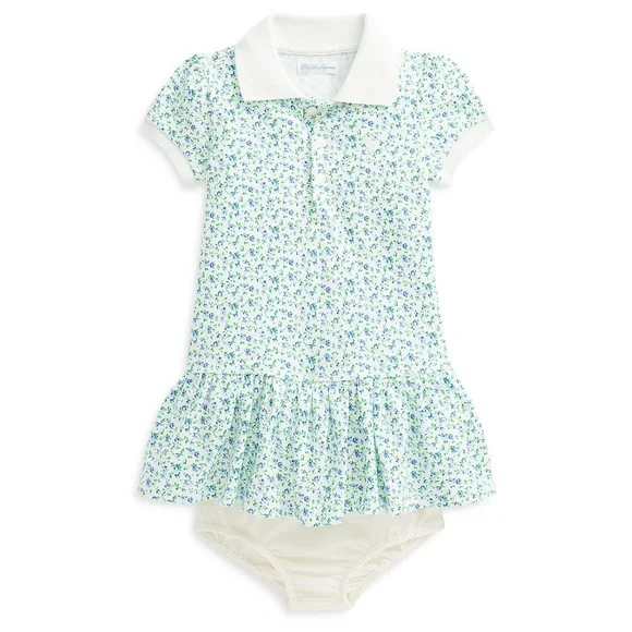 RALPH LAUREN Girls' Floral Stretch Mesh Polo Dress & Bloomers - Baby 18 mo GUC