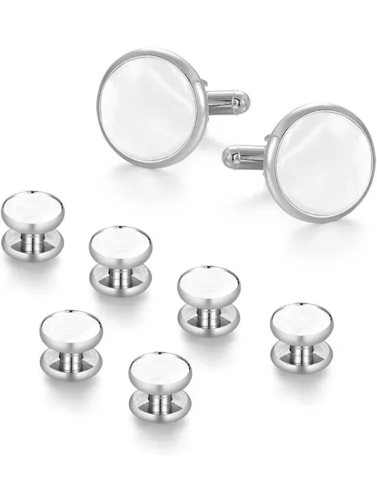 Classic Men's Tuxedo Shirt & Cufflink Set - Mother-of-Pearl Button, Formal Wear