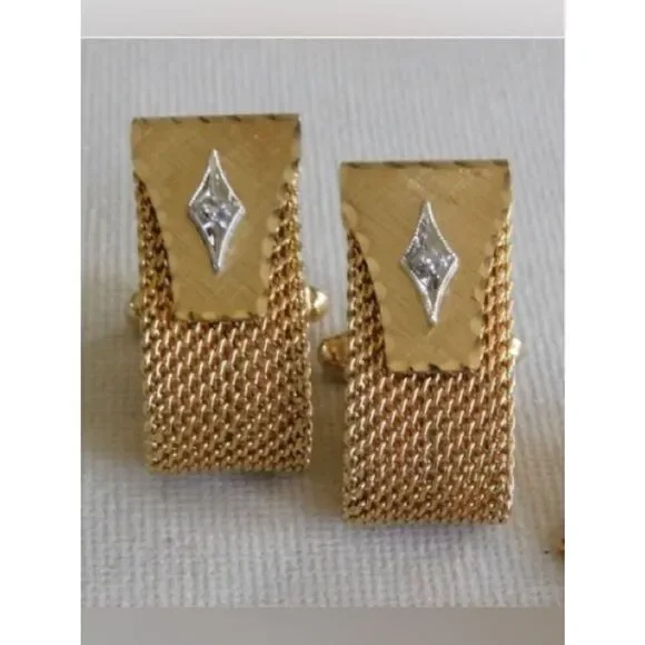 Vintage Anson Gold Tone Mesh Cufflinks Diamond Accent Wrap Style Mid century