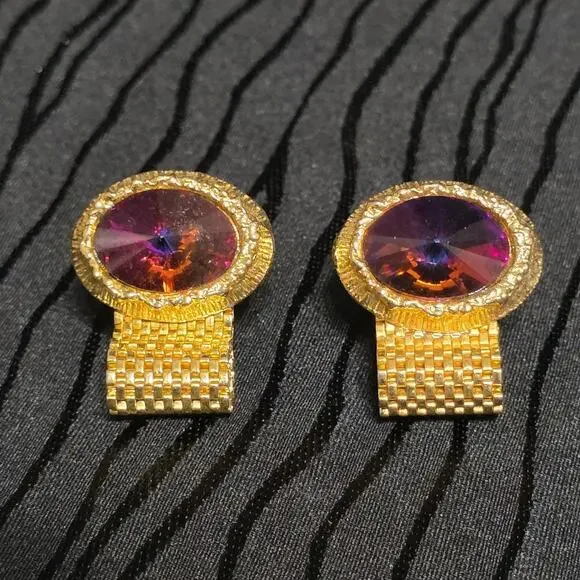 Vintage Omega Gold Tone Mesh Wrap Cufflinks Purple Rivoli Glass Stone Formal Pai