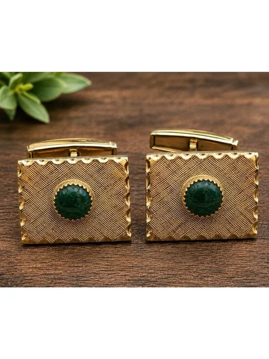 VTG  Mid Century Gold Tone Rectangle Cufflinks Green Natural Stone Engine Turned