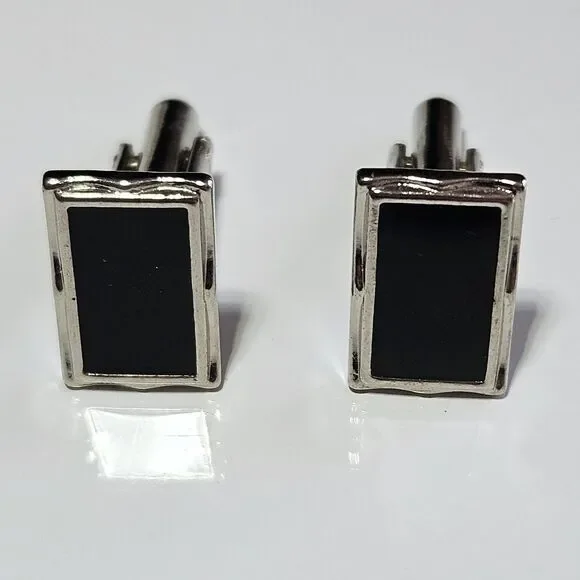 Cuff Links Vintage - Silver Tone with Black Enamel - Rectangle Shape