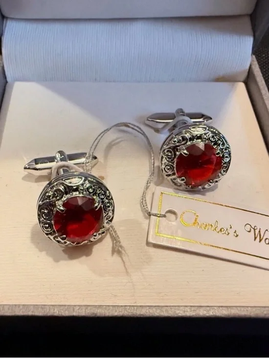 Charles Wein NWT Silver-Tone Red Gemstone Cufflinks