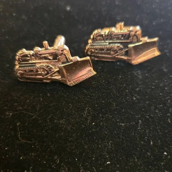Vintage 1970s Bulldozer Cuff Links Gold Tone