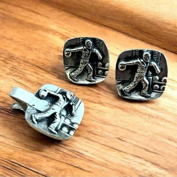 VINTAGE MENS BOWLING CUFF LINKS AND TIE CLIP SET