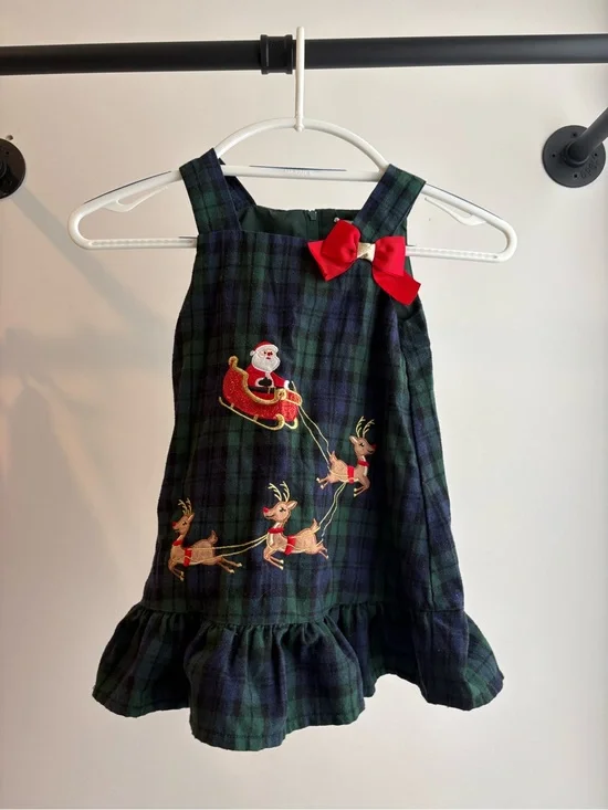 Rare Editions Toddler Girl Tartan Plaid Holiday Dress with Santa & Reindeer