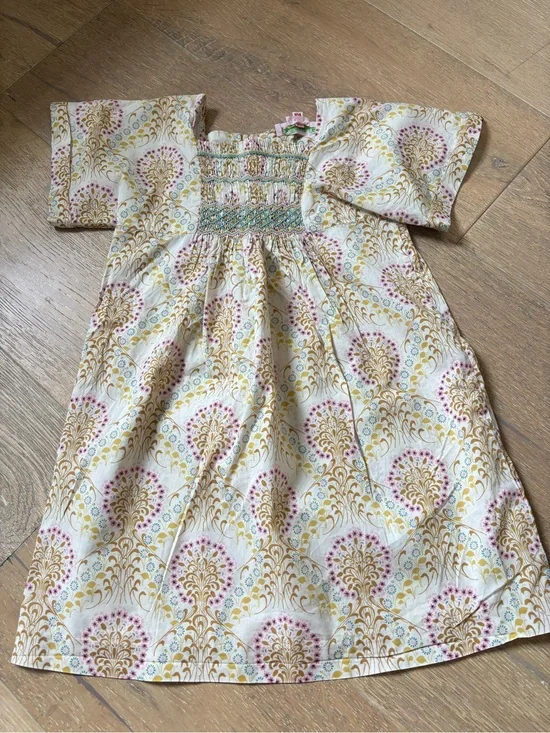 Bonpoint Smocked Floral Print Cotton Dress in Cream, Gold & Pink 4