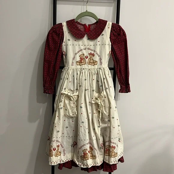 Vintage Daisy Kingdom Girls Dress Red Cream Long Sleeve Size 5/6