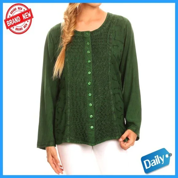 Long Sleeve Blouse with Adjustable Back Straps, 100% Rayon, Button Front