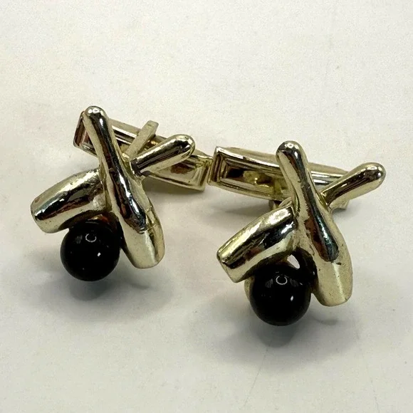 Vintage Bowling Cufflinks Gold Tone Bowling Pins with Black Ball Novelty Jewelry