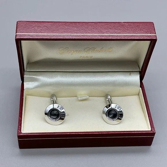 Vintage Georges Chabrolle Paris Cufflinks Silver Tone Black Enamel With Box