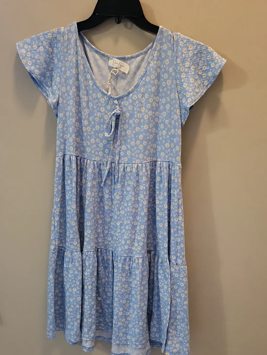Jessica Simpson Light Blue Floral Tie-Front Tiered Dress