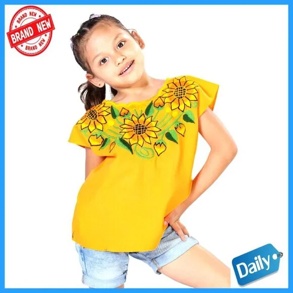Girls Embroidered Cotton Blouse Short Sleeve V-Neck Classic Fit