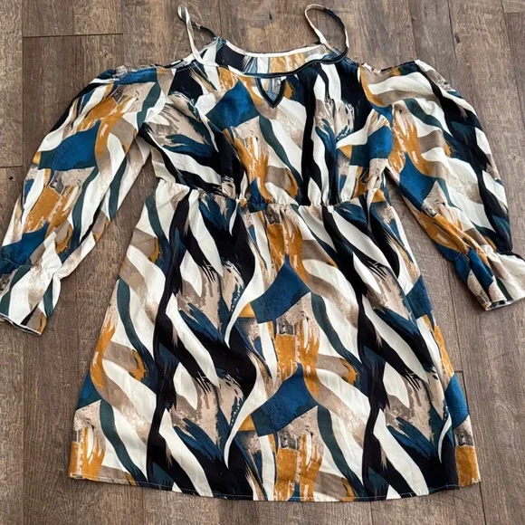 SHEIN Cold-Shoulder Dress in Teal, Mustard, Black & Cream