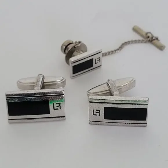 Louis Feraud LF Tie Pin‎ Clip Cufflinks Set Silver Black Tone Designer Rectangle