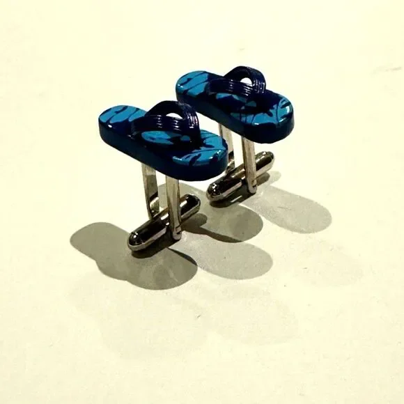 Flip Flop Sandals Cufflinks Blue Camo Pattern Silver Tone Mens Jewelry