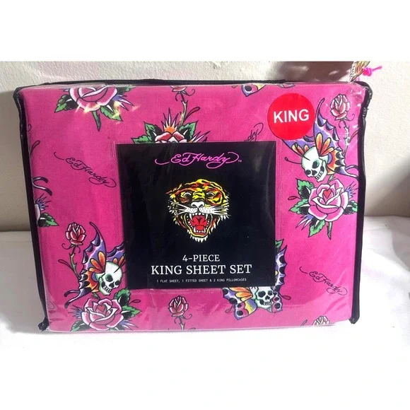 Ed Hardy King Sheet Set 4pc Pink Skull Butterfly Rose Tattoo Y2K Whimsigoth NEW