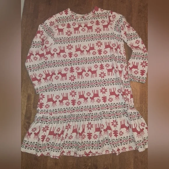 HANNA ANDERSSON Cotton Flannel Red Reindeer Dress 14-16 Yr  Fair Isle