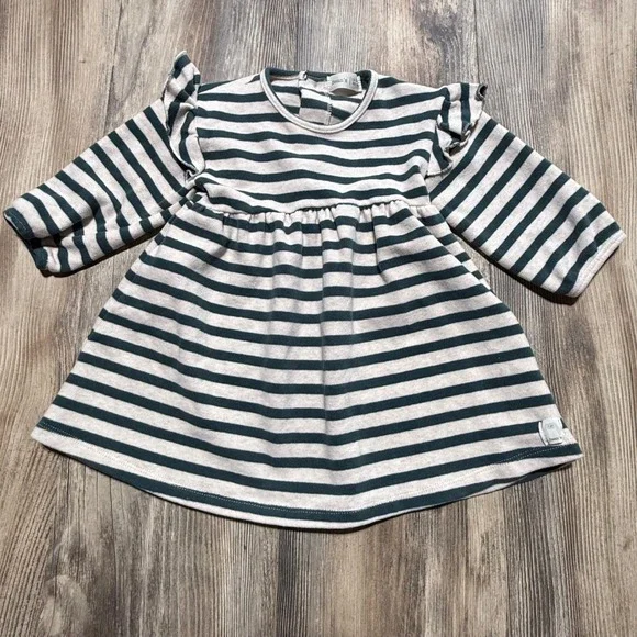 Baby Bean's Barcelona Green Striped Ruffle Shoulder Dress 12-18M Made in Spain
