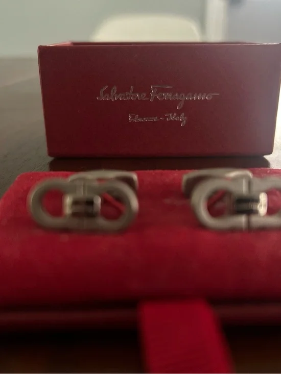 Salvatore Ferragamo Silver Double Gancini Cufflinks with Red Presentation Case