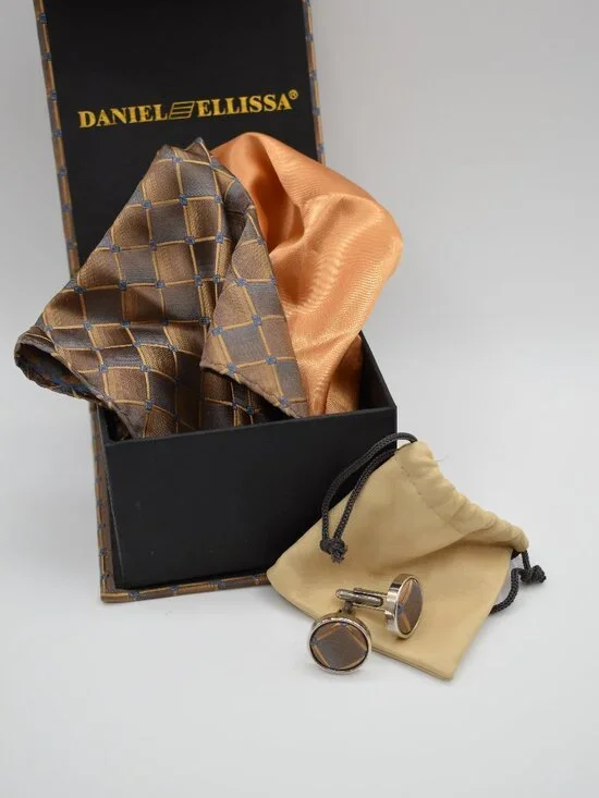 Daniel Ellissa Men's Silk Pocket Square Gift Set Brown Gold Matching Cufflinks
