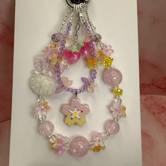 Bunny Pink Crystal Beaded Strawberry Garden Phone Wristlet Charm